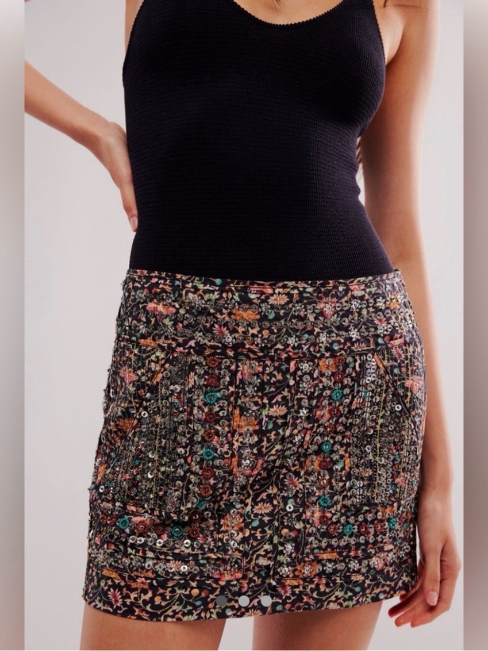 Free People Black Floral Beaded Mini Skirt | XS